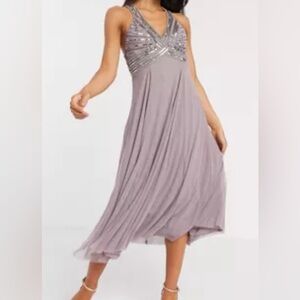 Asos midi dress with tulle and detailed neckline